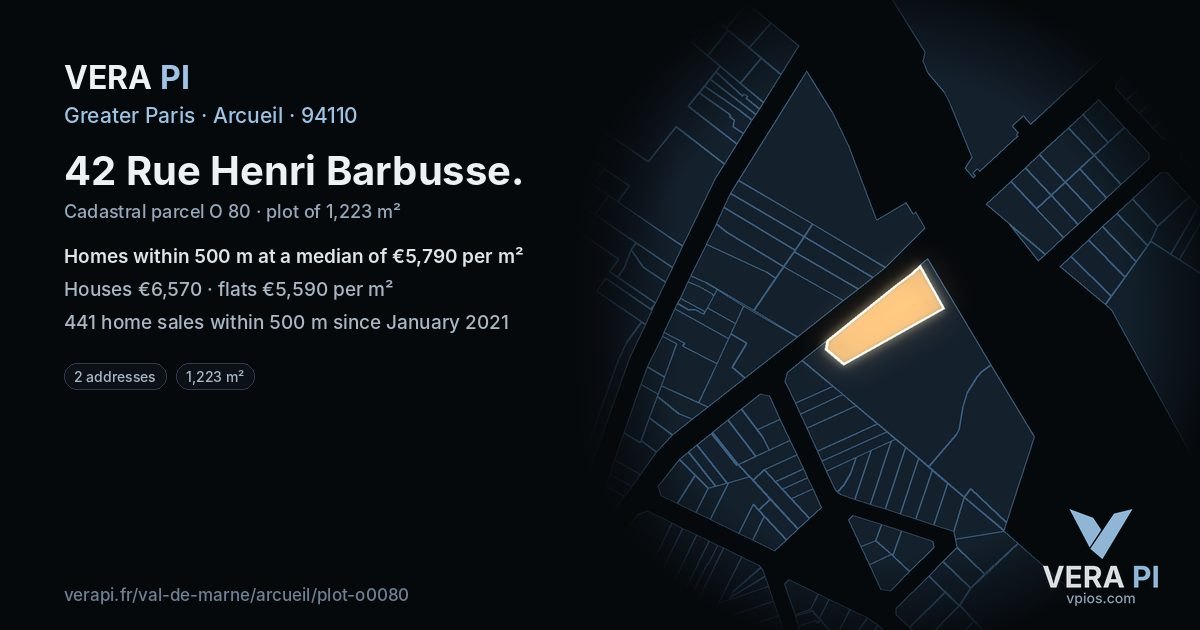 42 Rue Henri Barbusse, Arcueil at night – the plot lit, the parcels around coloured by the prices near them