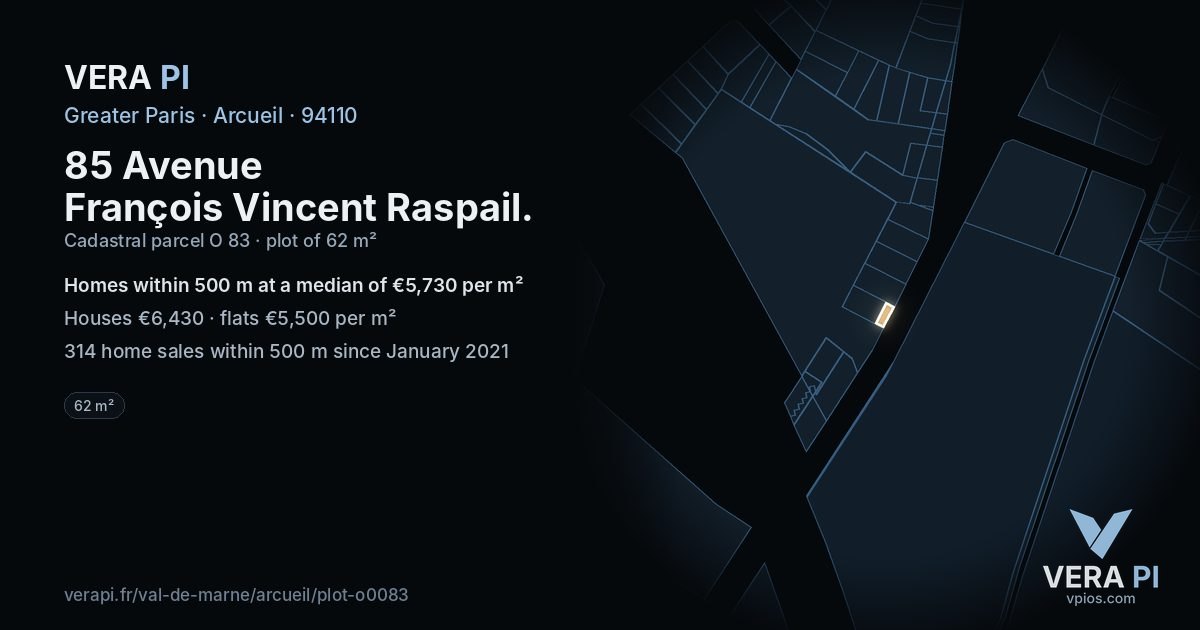 85 Avenue François Vincent Raspail, Arcueil at night – the plot lit, the parcels around coloured by the prices near them