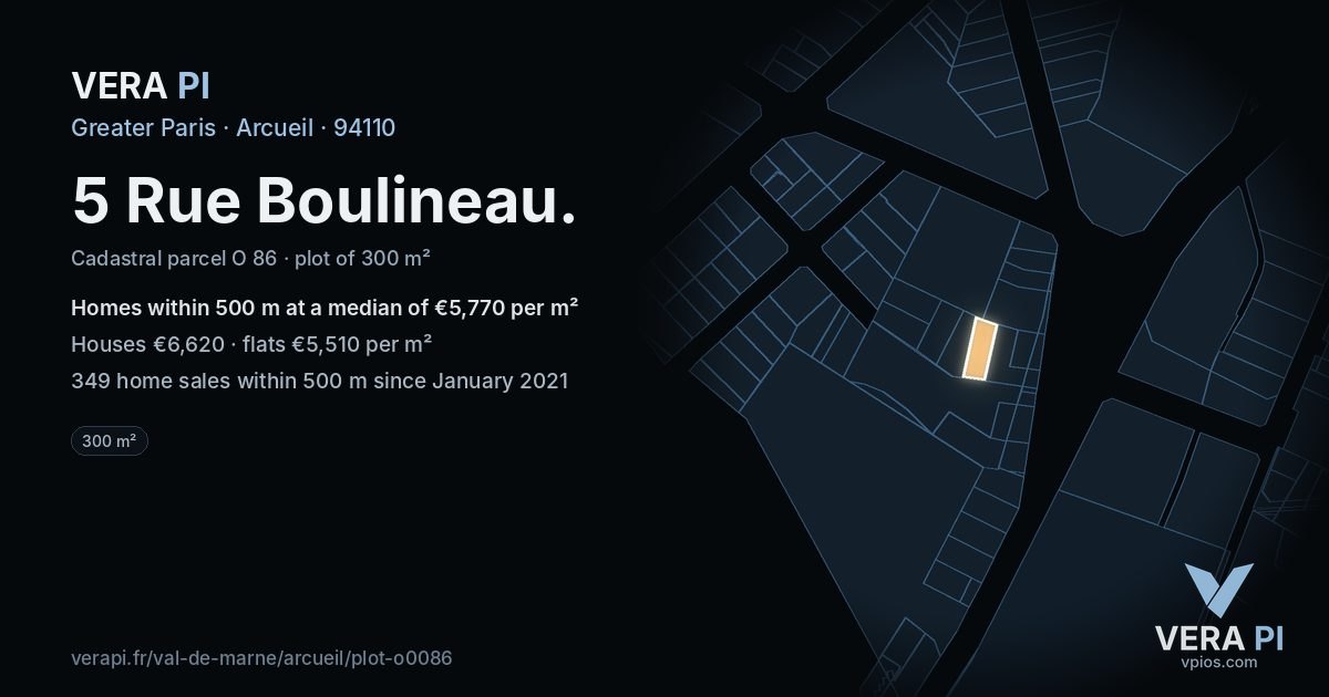 5 Rue Boulineau, Arcueil at night – the plot lit, the parcels around coloured by the prices near them
