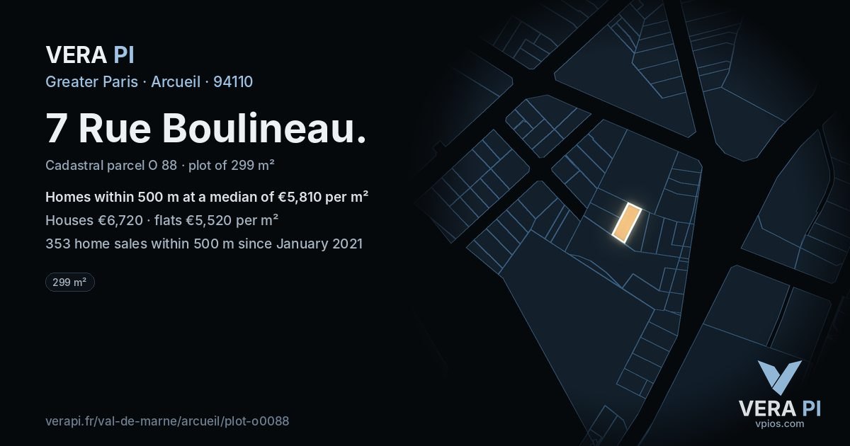7 Rue Boulineau, Arcueil at night – the plot lit, the parcels around coloured by the prices near them
