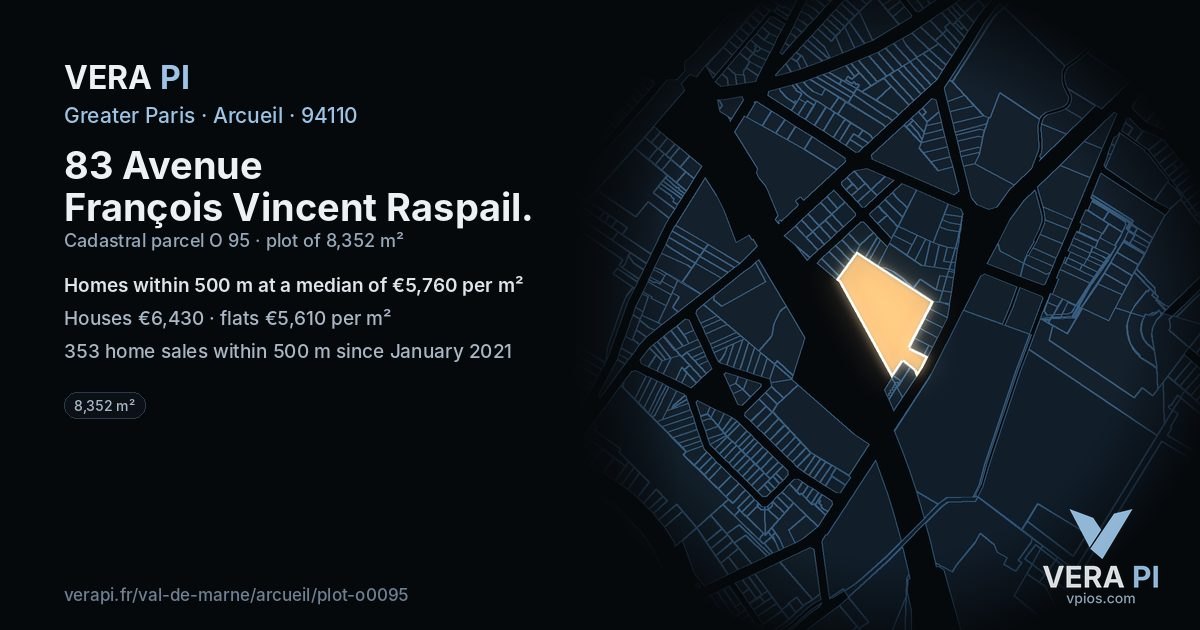 83 Avenue François Vincent Raspail, Arcueil at night – the plot lit, the parcels around coloured by the prices near them