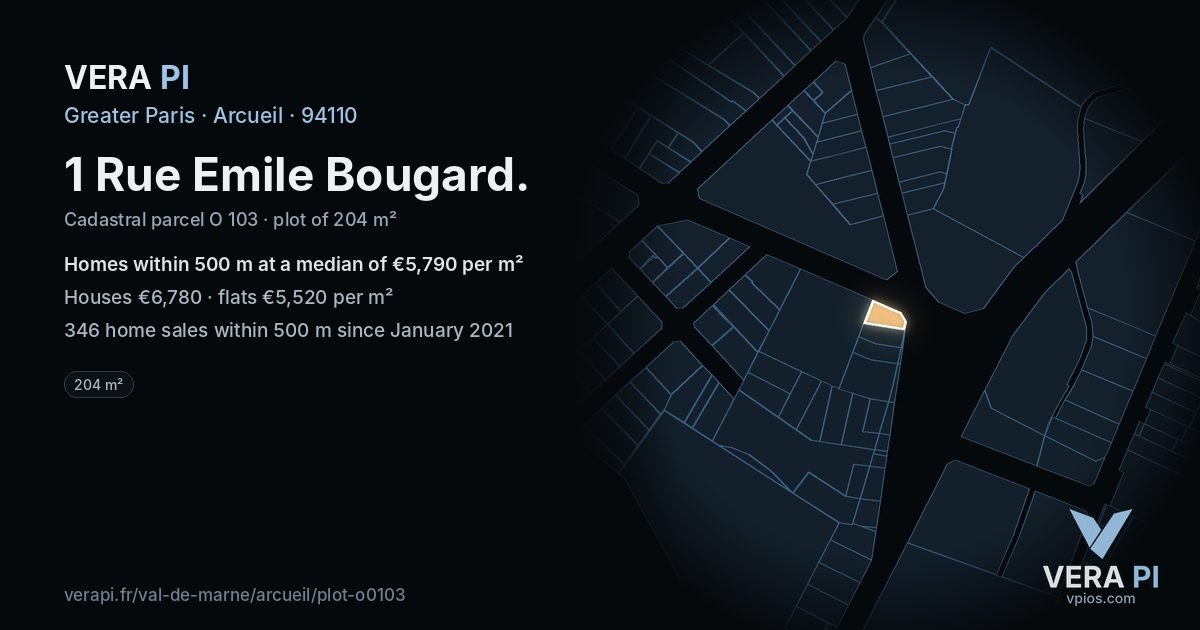 1 Rue Emile Bougard, Arcueil at night – the plot lit, the parcels around coloured by the prices near them
