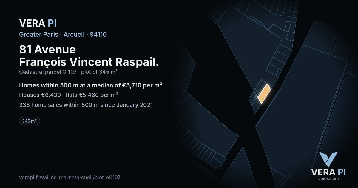 81 Avenue François Vincent Raspail, Arcueil at night – the plot lit, the parcels around coloured by the prices near them