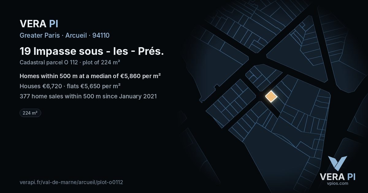 19 Impasse sous - les - Prés, Arcueil at night – the plot lit, the parcels around coloured by the prices near them