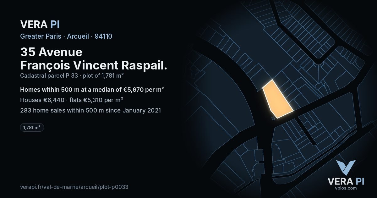 35 Avenue François Vincent Raspail, Arcueil at night – the plot lit, the parcels around coloured by the prices near them