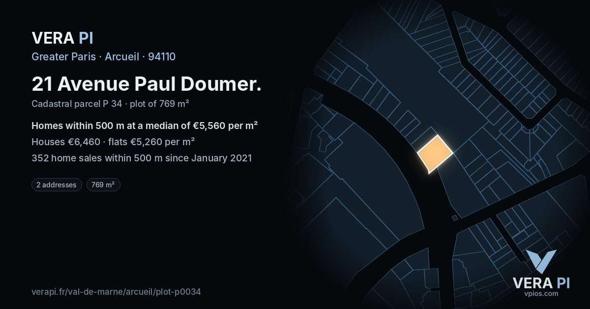 21 Avenue Paul Doumer, Arcueil at night – the plot lit, the parcels around coloured by the prices near them