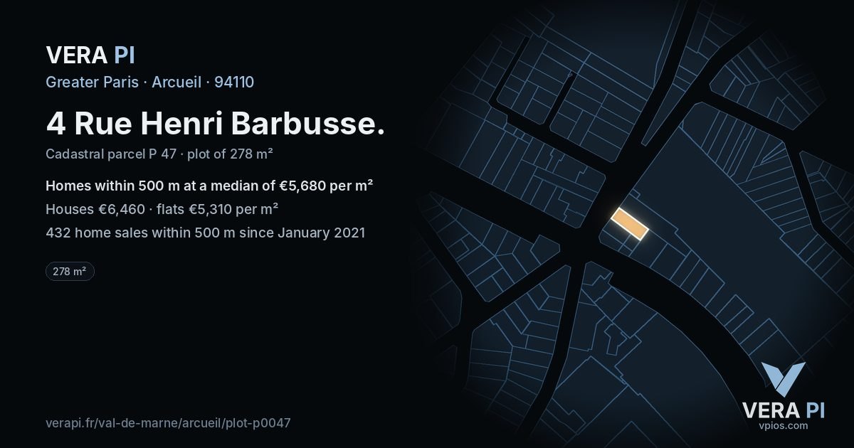 4 Rue Henri Barbusse, Arcueil at night – the plot lit, the parcels around coloured by the prices near them