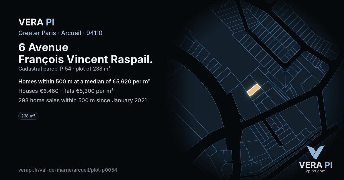 6 Avenue François Vincent Raspail, Arcueil at night – the plot lit, the parcels around coloured by the prices near them