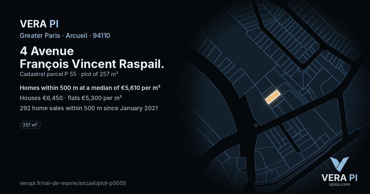 4 Avenue François Vincent Raspail, Arcueil at night – the plot lit, the parcels around coloured by the prices near them