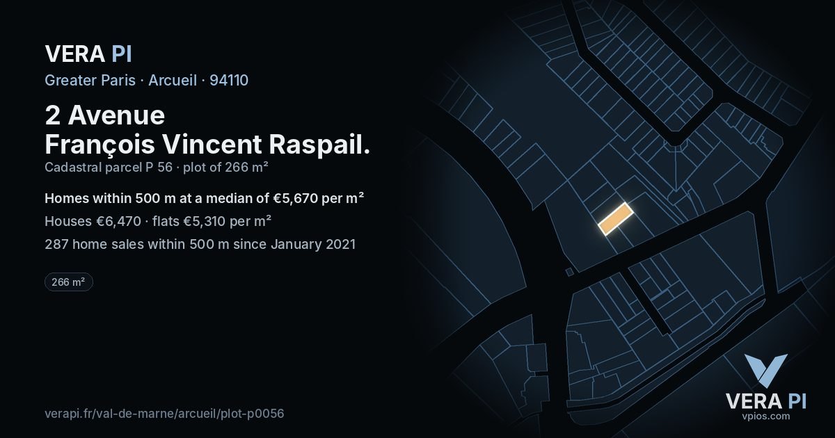 2 Avenue François Vincent Raspail, Arcueil at night – the plot lit, the parcels around coloured by the prices near them