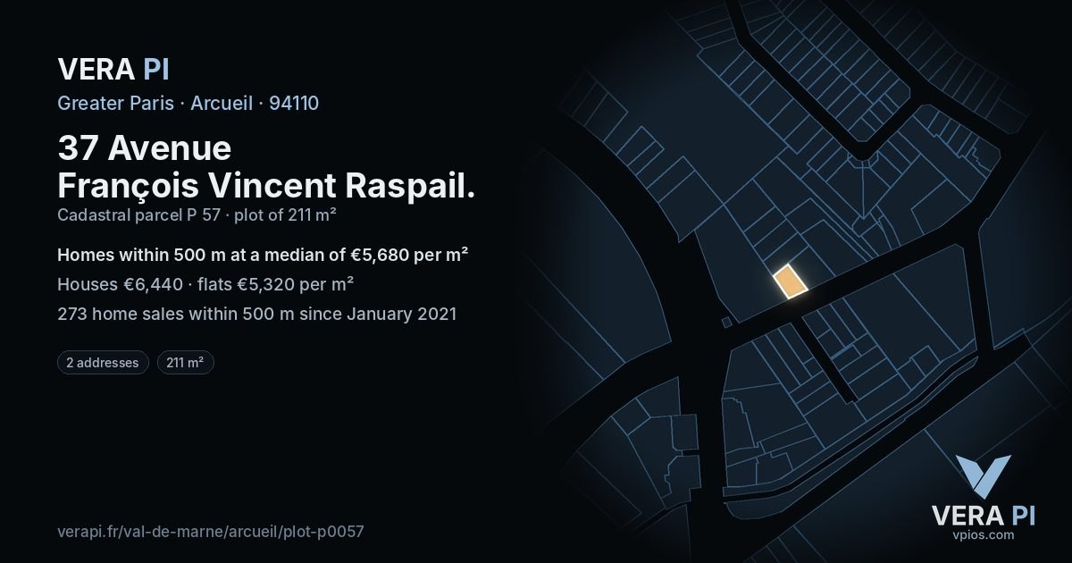 37 Avenue François Vincent Raspail, Arcueil at night – the plot lit, the parcels around coloured by the prices near them