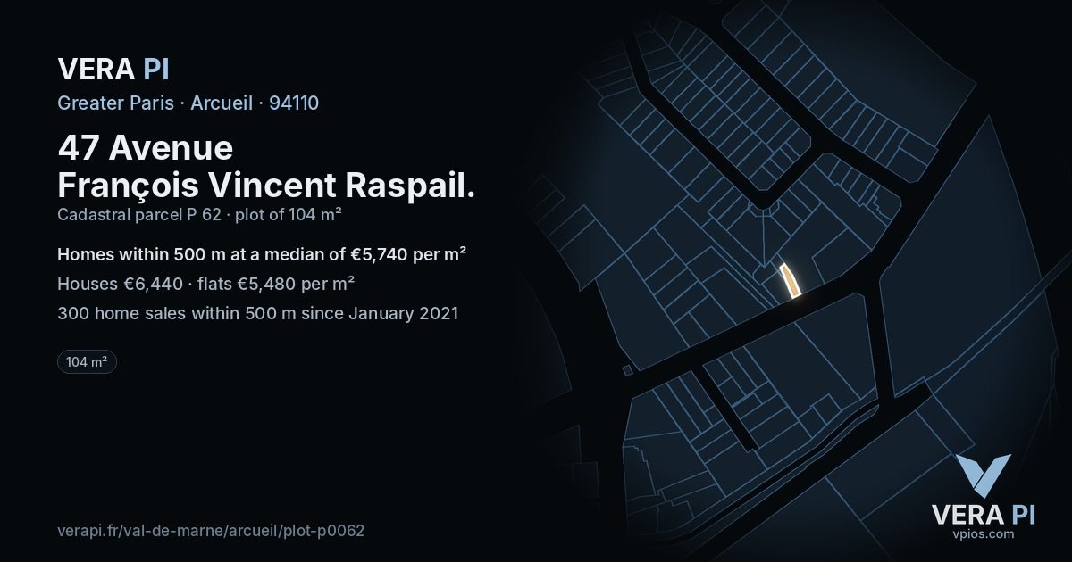 47 Avenue François Vincent Raspail, Arcueil at night – the plot lit, the parcels around coloured by the prices near them