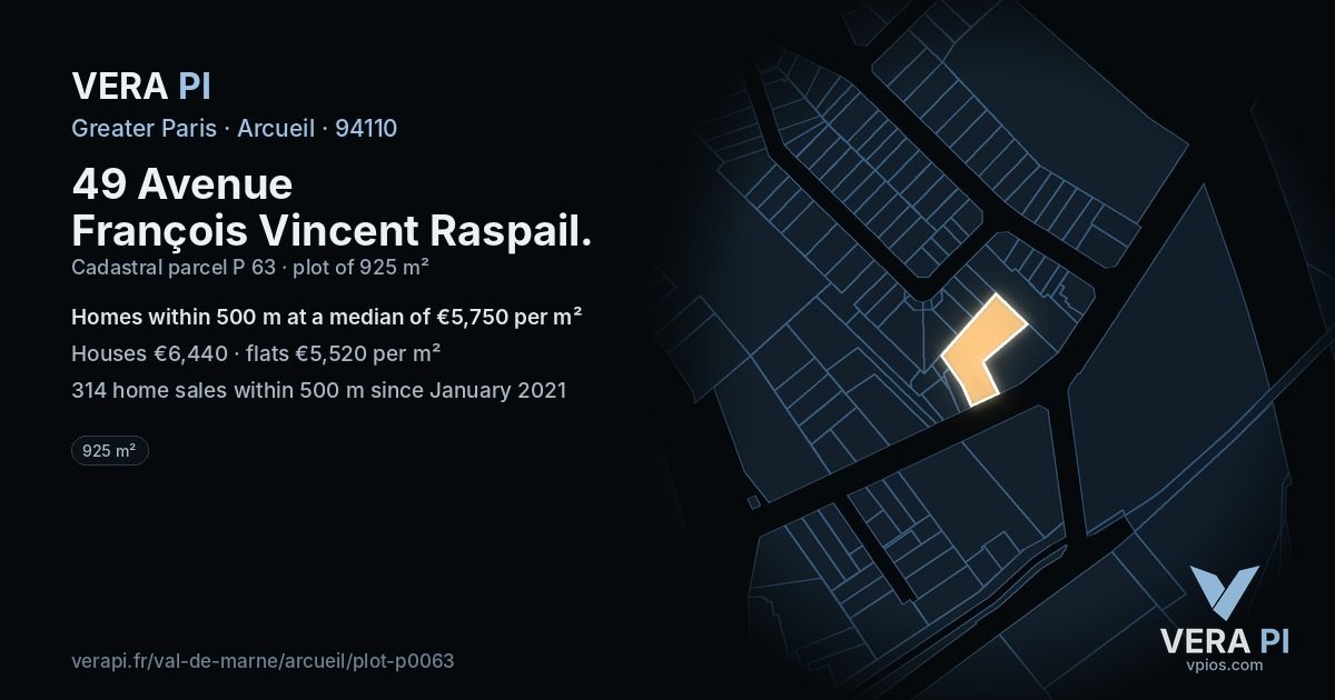 49 Avenue François Vincent Raspail, Arcueil at night – the plot lit, the parcels around coloured by the prices near them