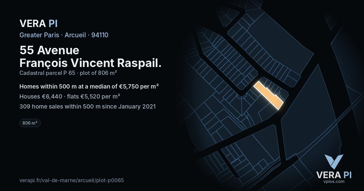55 Avenue François Vincent Raspail, Arcueil at night – the plot lit, the parcels around coloured by the prices near them