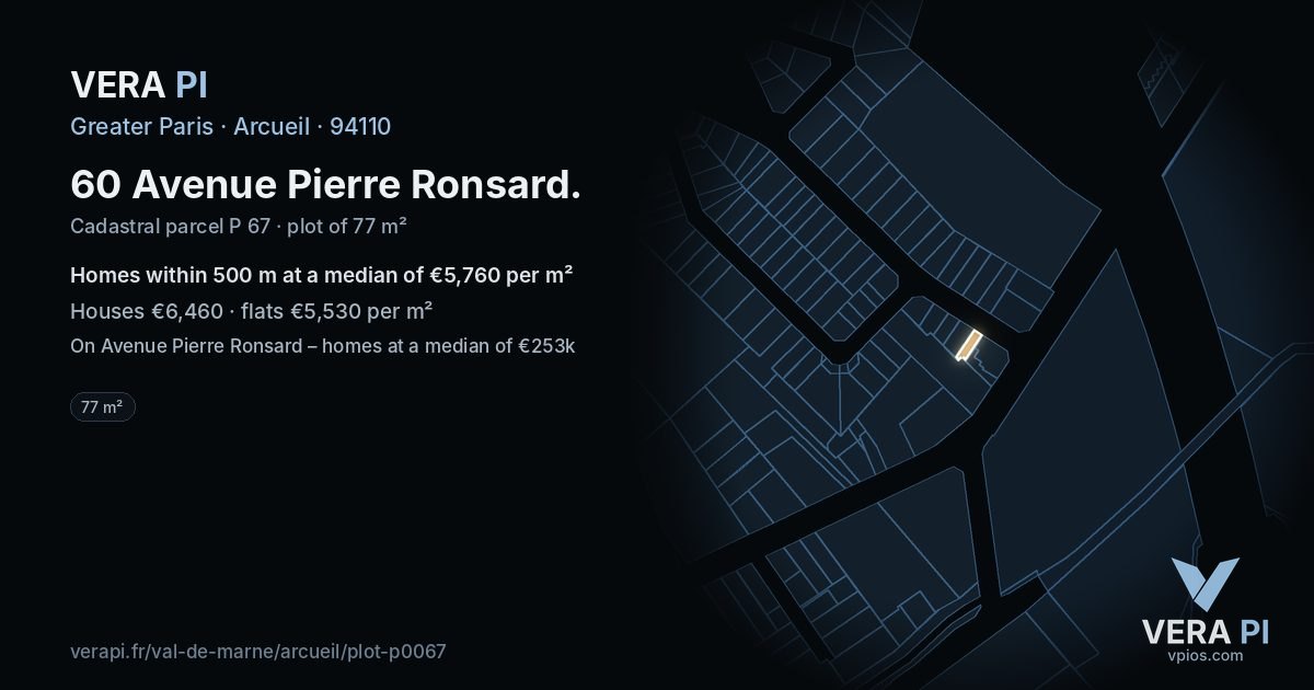 60 Avenue Pierre Ronsard, Arcueil at night – the plot lit, the parcels around coloured by the prices near them