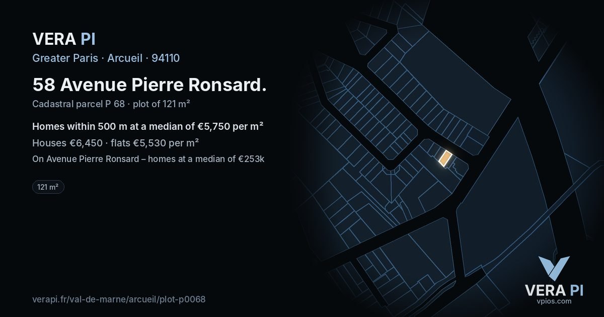 58 Avenue Pierre Ronsard, Arcueil at night – the plot lit, the parcels around coloured by the prices near them