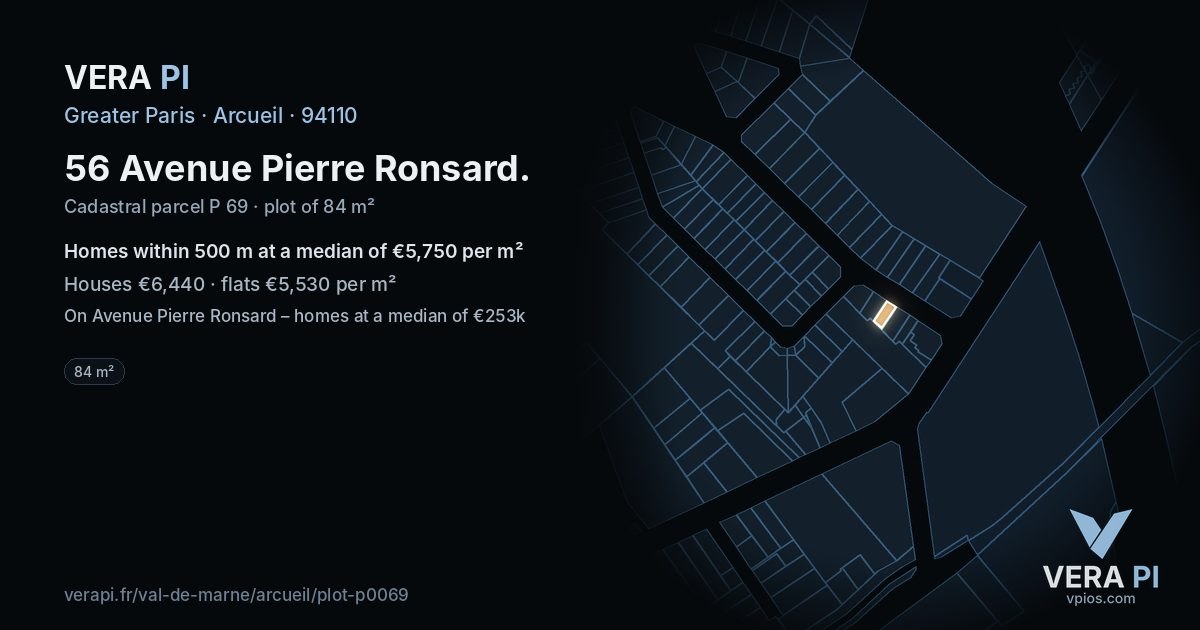 56 Avenue Pierre Ronsard, Arcueil at night – the plot lit, the parcels around coloured by the prices near them