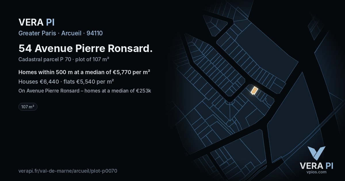 54 Avenue Pierre Ronsard, Arcueil at night – the plot lit, the parcels around coloured by the prices near them