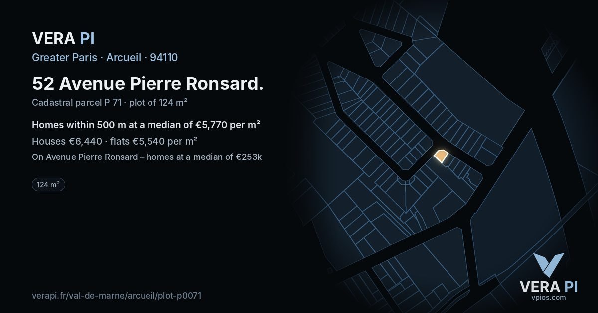 52 Avenue Pierre Ronsard, Arcueil at night – the plot lit, the parcels around coloured by the prices near them