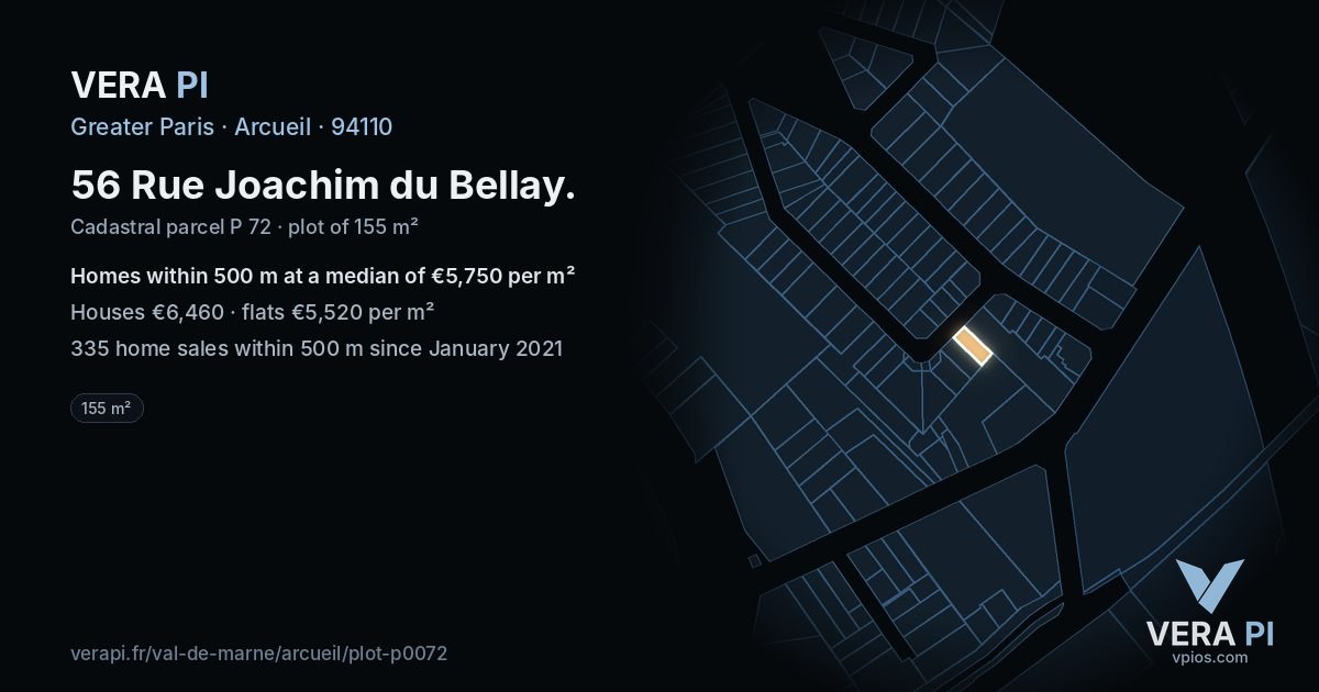 56 Rue Joachim du Bellay, Arcueil at night – the plot lit, the parcels around coloured by the prices near them