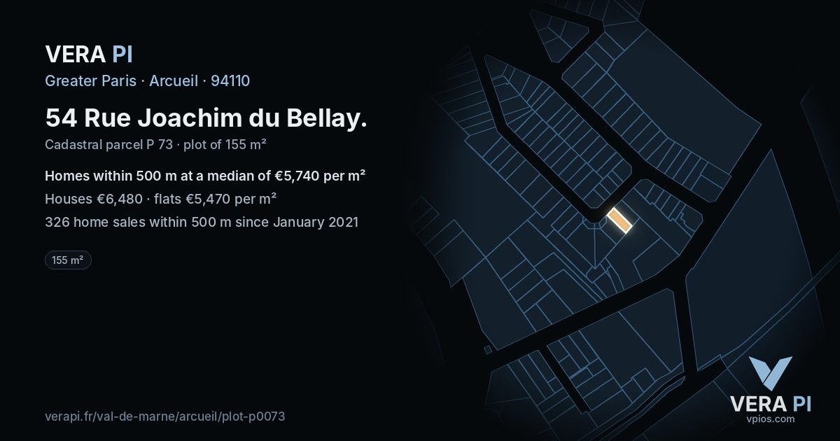 54 Rue Joachim du Bellay, Arcueil at night – the plot lit, the parcels around coloured by the prices near them