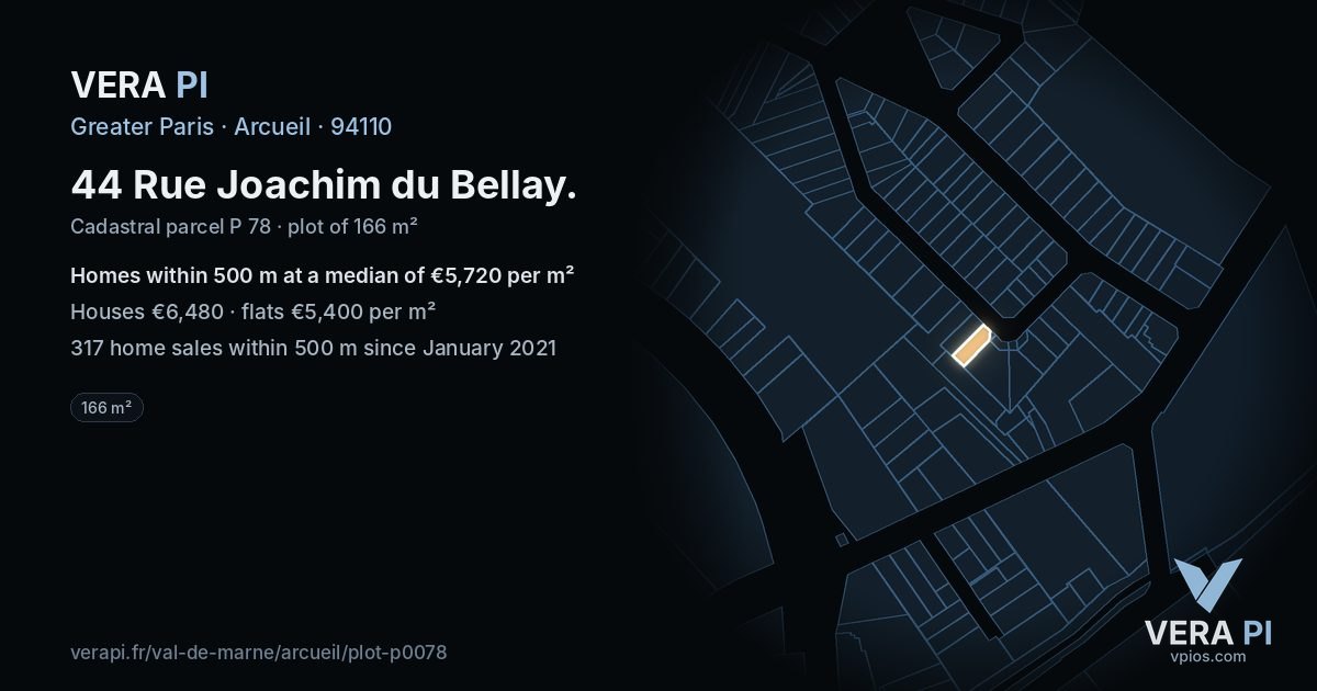 44 Rue Joachim du Bellay, Arcueil at night – the plot lit, the parcels around coloured by the prices near them