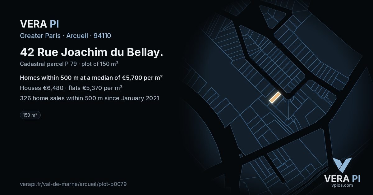 42 Rue Joachim du Bellay, Arcueil at night – the plot lit, the parcels around coloured by the prices near them