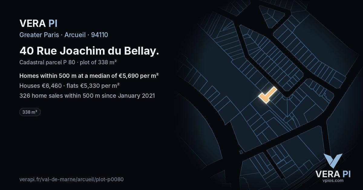 40 Rue Joachim du Bellay, Arcueil at night – the plot lit, the parcels around coloured by the prices near them