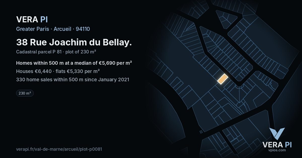 38 Rue Joachim du Bellay, Arcueil at night – the plot lit, the parcels around coloured by the prices near them