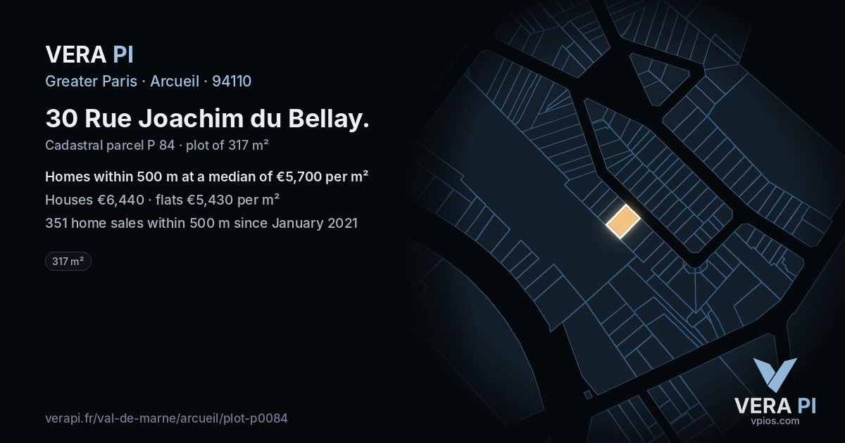 30 Rue Joachim du Bellay, Arcueil at night – the plot lit, the parcels around coloured by the prices near them