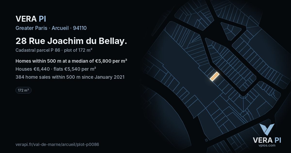 28 Rue Joachim du Bellay, Arcueil at night – the plot lit, the parcels around coloured by the prices near them