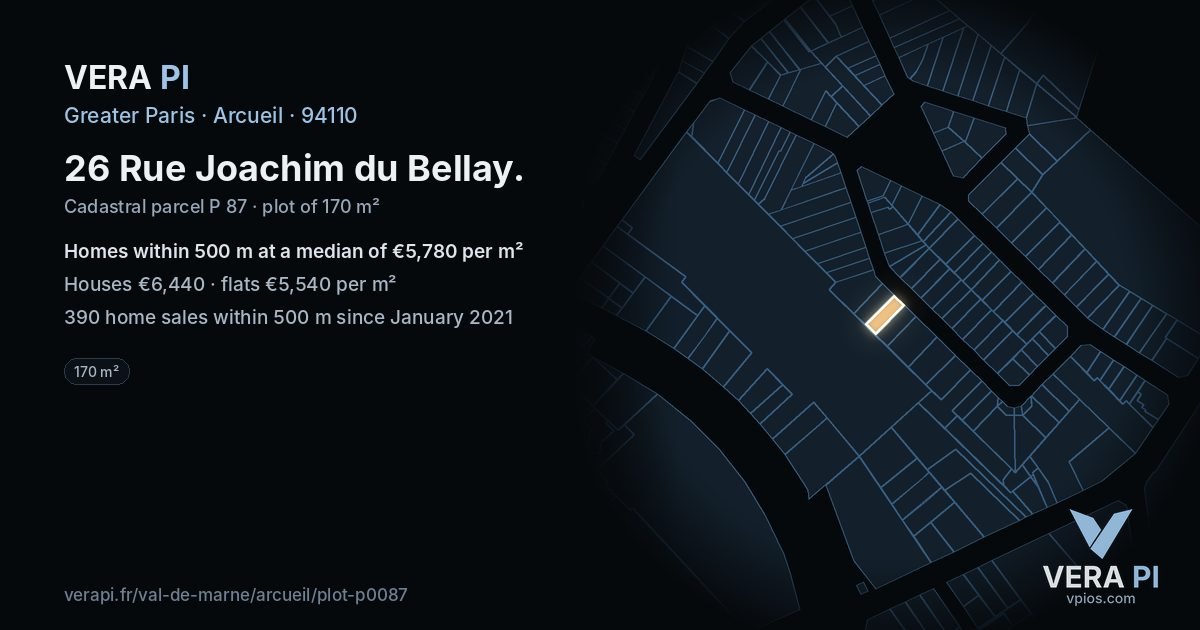 26 Rue Joachim du Bellay, Arcueil at night – the plot lit, the parcels around coloured by the prices near them