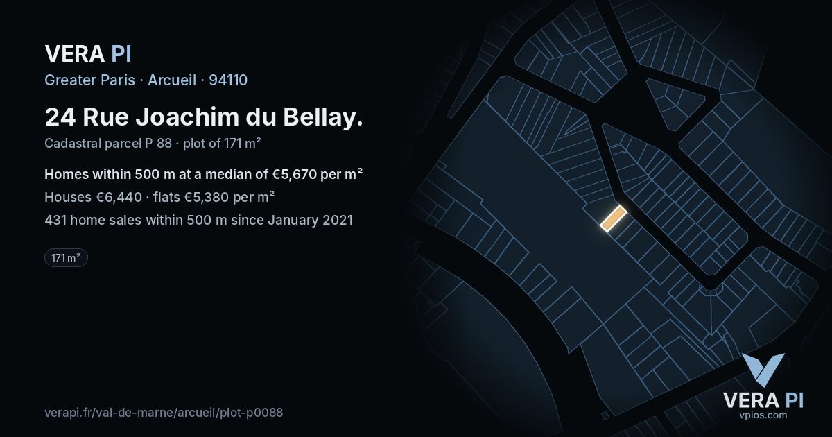 24 Rue Joachim du Bellay, Arcueil at night – the plot lit, the parcels around coloured by the prices near them