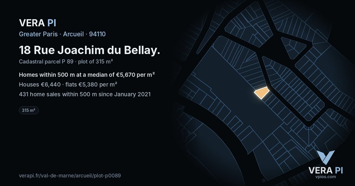 18 Rue Joachim du Bellay, Arcueil at night – the plot lit, the parcels around coloured by the prices near them