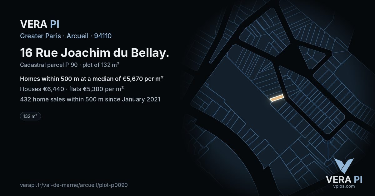 16 Rue Joachim du Bellay, Arcueil at night – the plot lit, the parcels around coloured by the prices near them