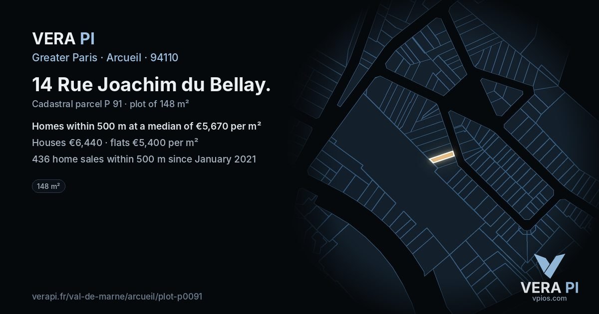 14 Rue Joachim du Bellay, Arcueil at night – the plot lit, the parcels around coloured by the prices near them