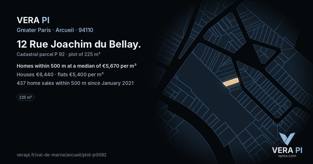 12 Rue Joachim du Bellay, Arcueil at night – the plot lit, the parcels around coloured by the prices near them