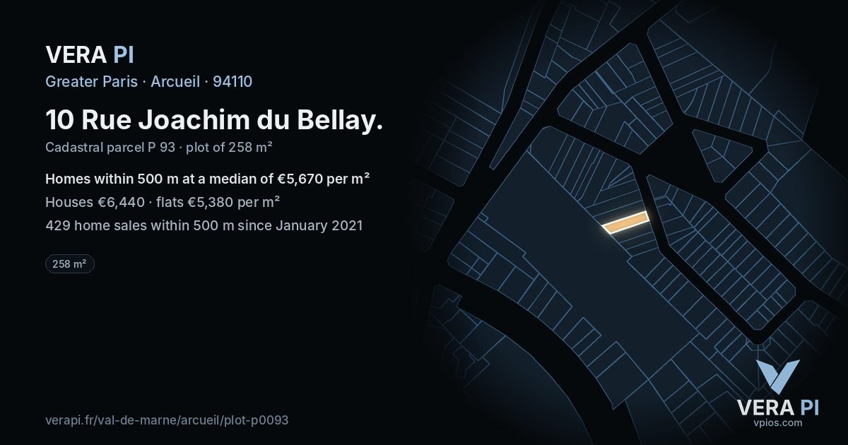 10 Rue Joachim du Bellay, Arcueil at night – the plot lit, the parcels around coloured by the prices near them