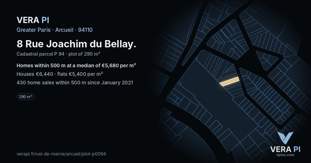 8 Rue Joachim du Bellay, Arcueil at night – the plot lit, the parcels around coloured by the prices near them