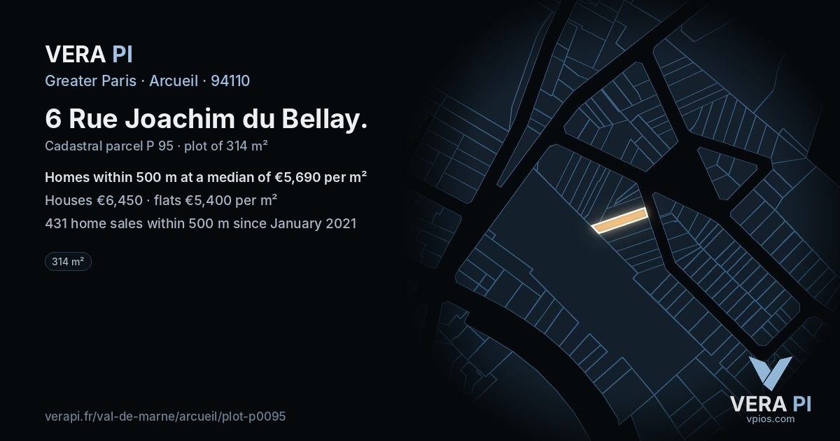 6 Rue Joachim du Bellay, Arcueil at night – the plot lit, the parcels around coloured by the prices near them