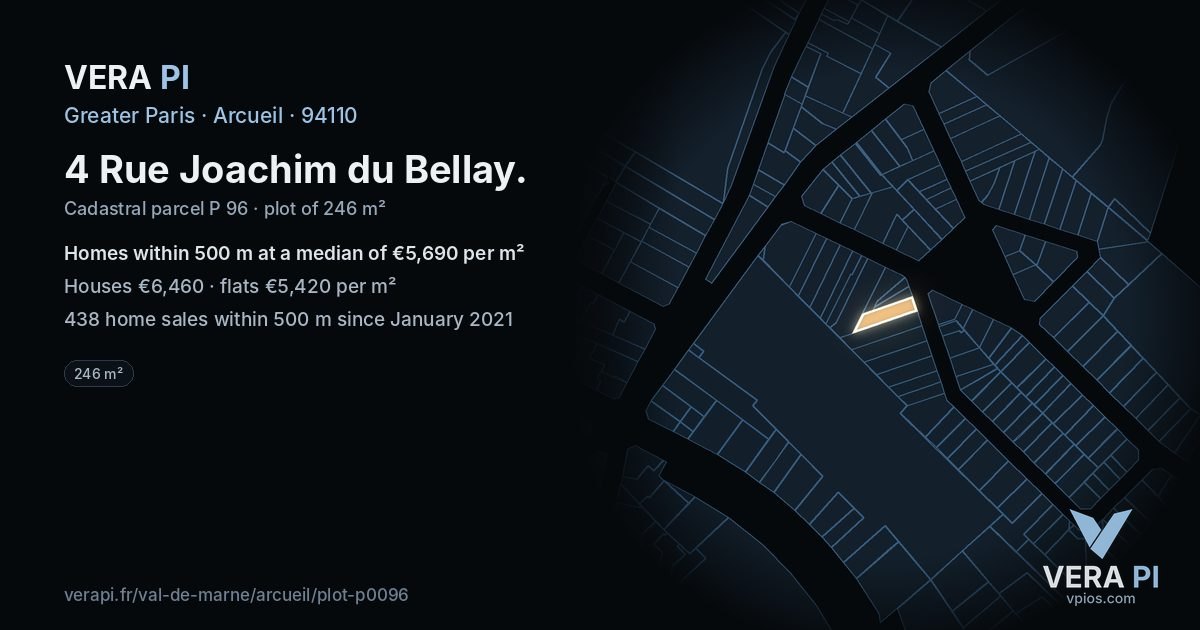 4 Rue Joachim du Bellay, Arcueil at night – the plot lit, the parcels around coloured by the prices near them