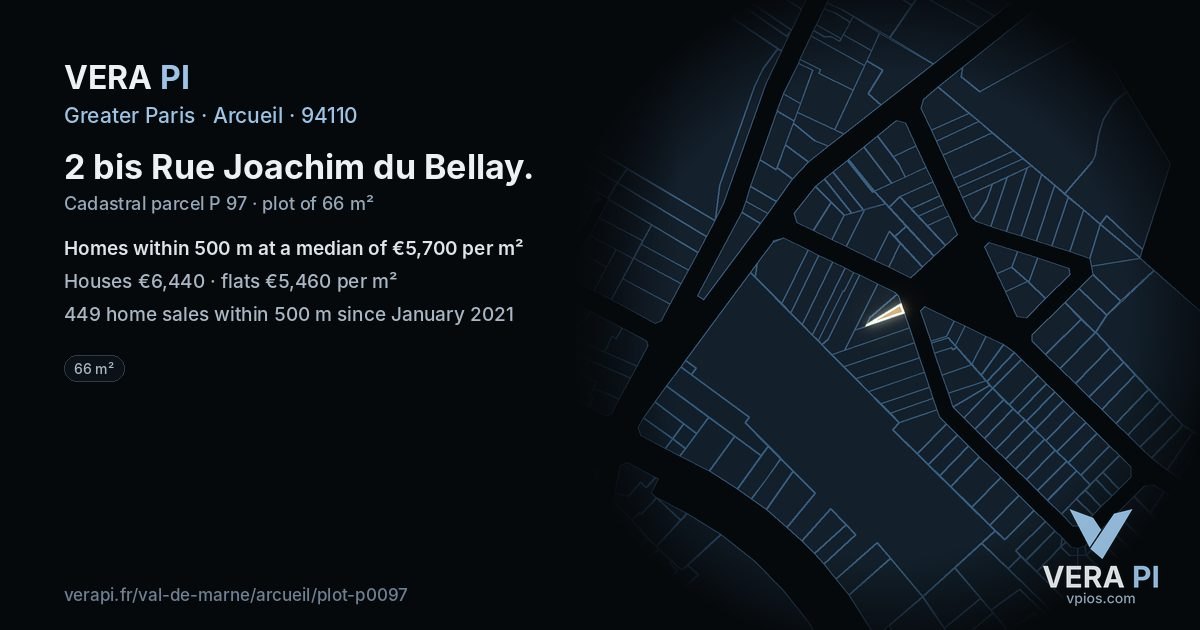 2 bis Rue Joachim du Bellay, Arcueil at night – the plot lit, the parcels around coloured by the prices near them