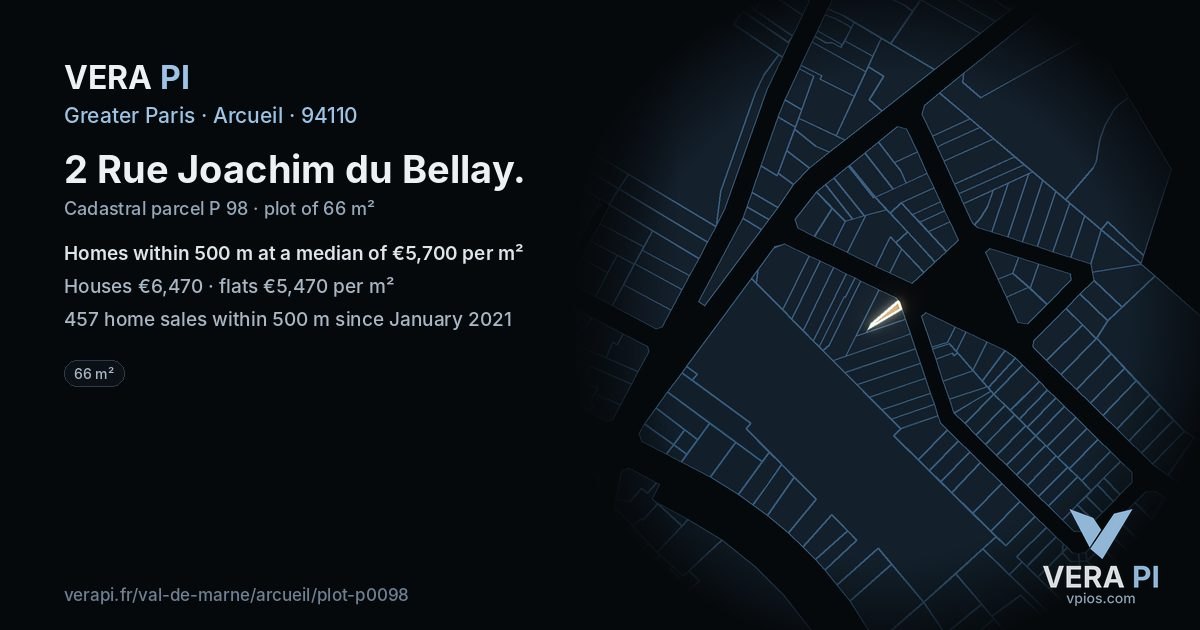 2 Rue Joachim du Bellay, Arcueil at night – the plot lit, the parcels around coloured by the prices near them