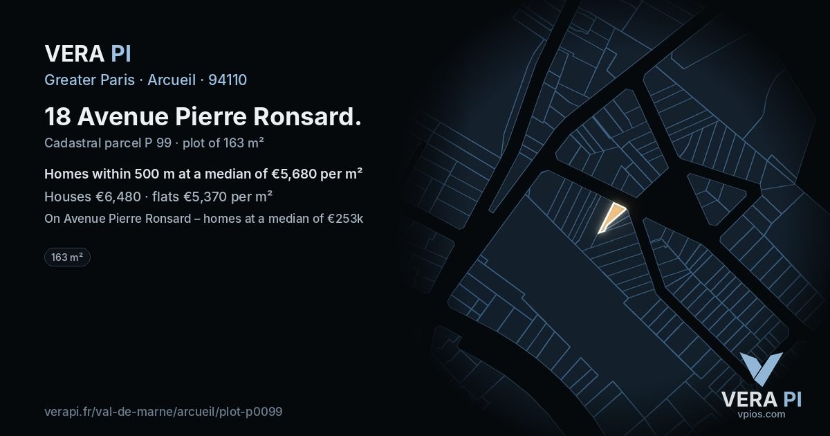 18 Avenue Pierre Ronsard, Arcueil at night – the plot lit, the parcels around coloured by the prices near them