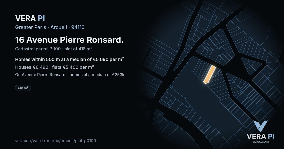16 Avenue Pierre Ronsard, Arcueil at night – the plot lit, the parcels around coloured by the prices near them
