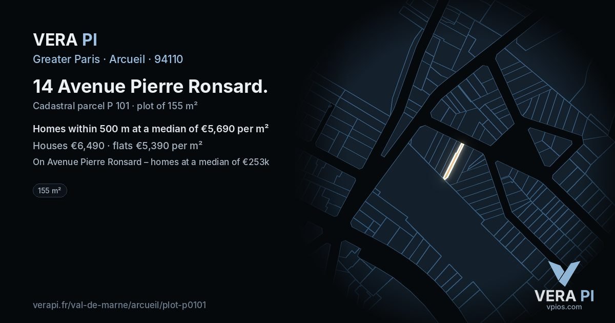14 Avenue Pierre Ronsard, Arcueil at night – the plot lit, the parcels around coloured by the prices near them