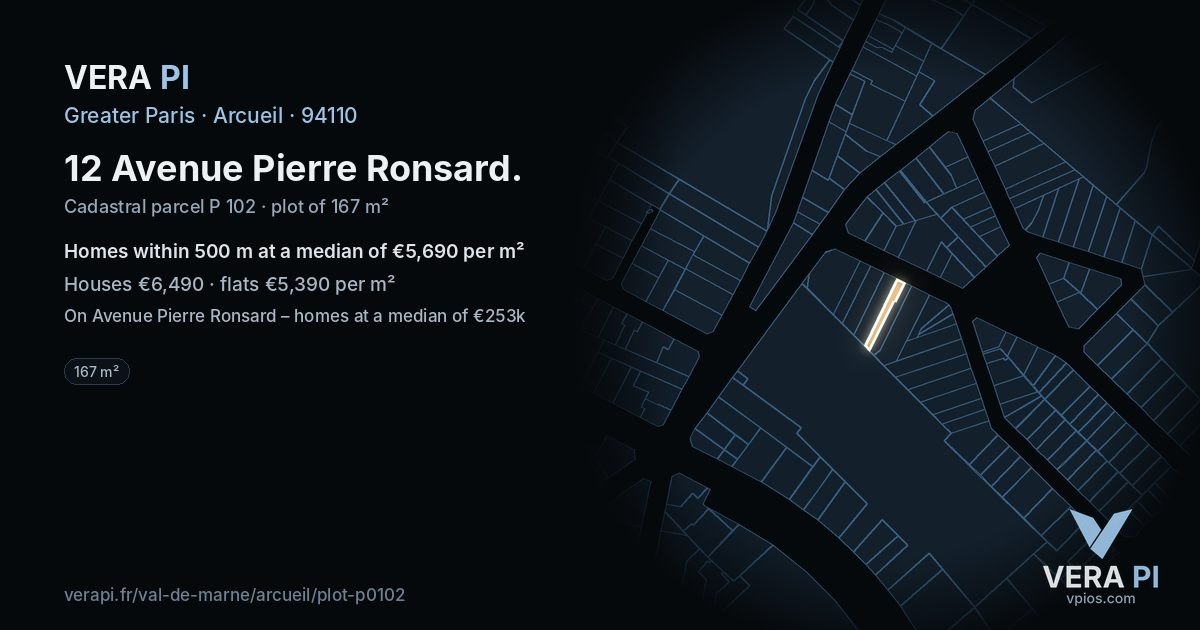12 Avenue Pierre Ronsard, Arcueil at night – the plot lit, the parcels around coloured by the prices near them