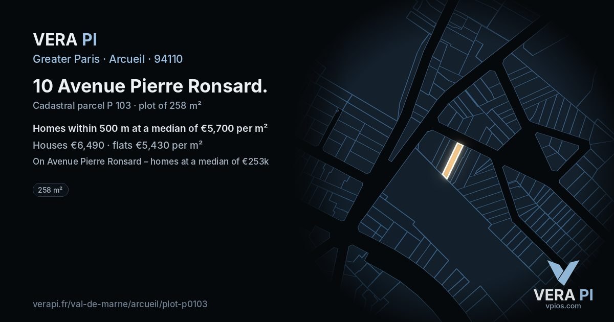 10 Avenue Pierre Ronsard, Arcueil at night – the plot lit, the parcels around coloured by the prices near them