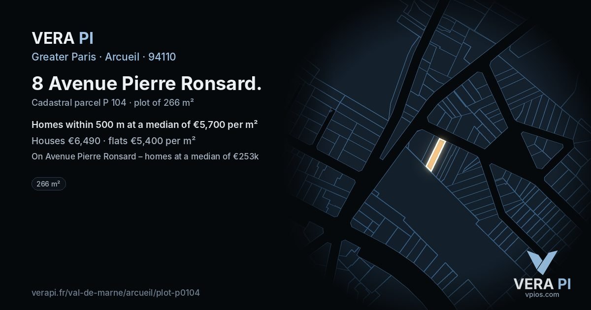 8 Avenue Pierre Ronsard, Arcueil at night – the plot lit, the parcels around coloured by the prices near them