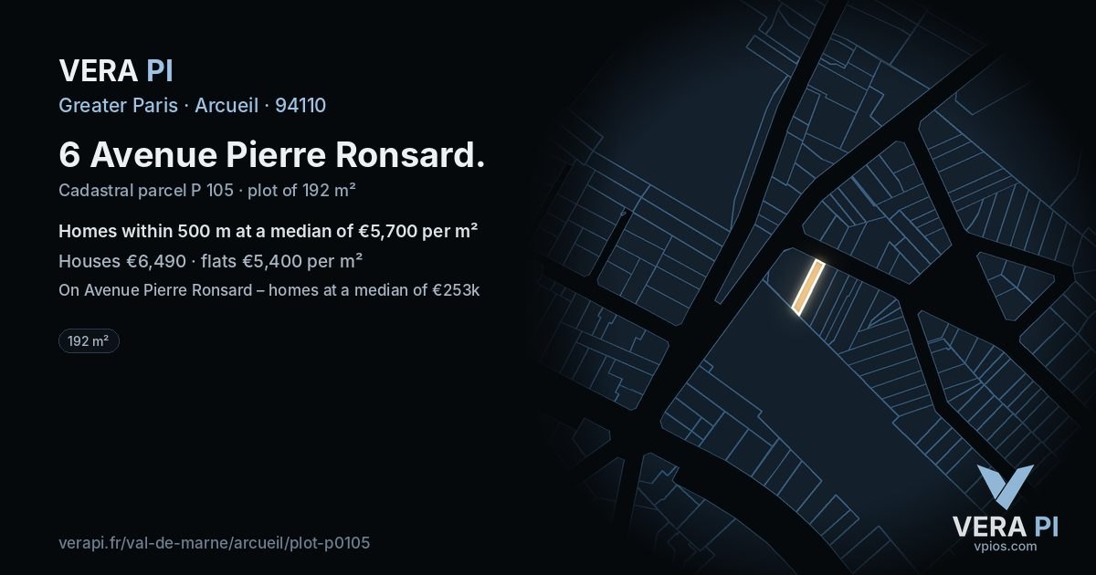 6 Avenue Pierre Ronsard, Arcueil at night – the plot lit, the parcels around coloured by the prices near them